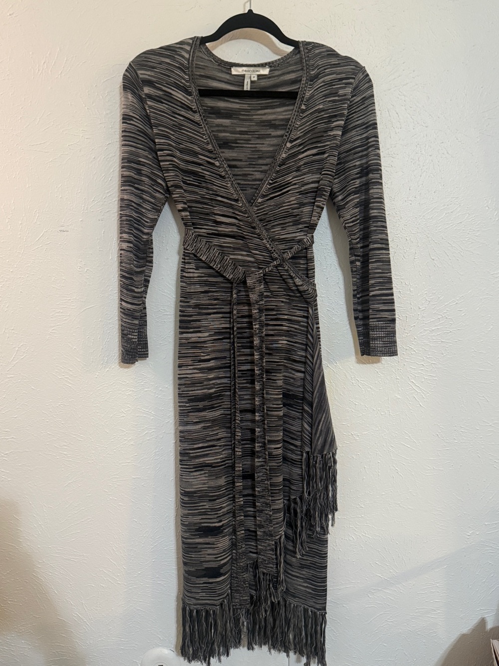 Max & Cleo Heathered Black & Gray Wrap Dress with Fringe